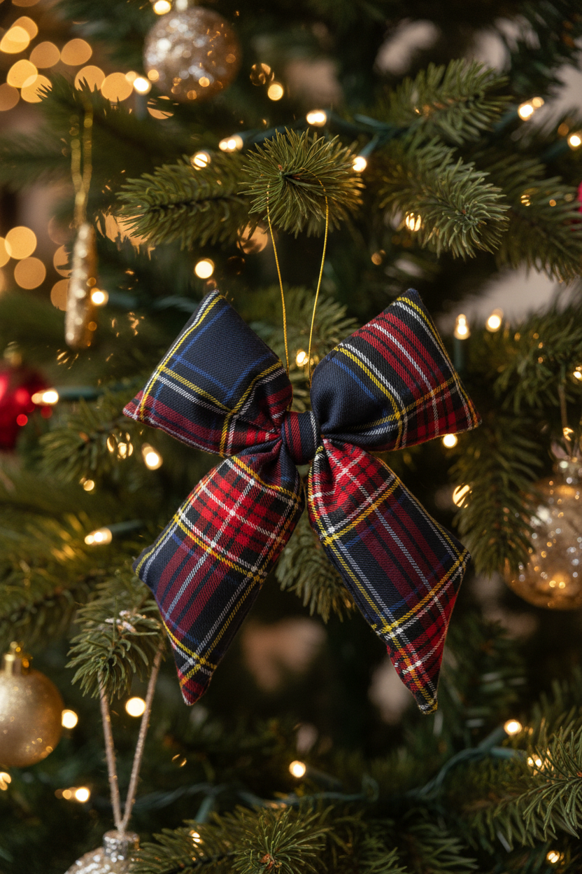 Campbell Bow Ornament in navy, red, and yellow plaid.