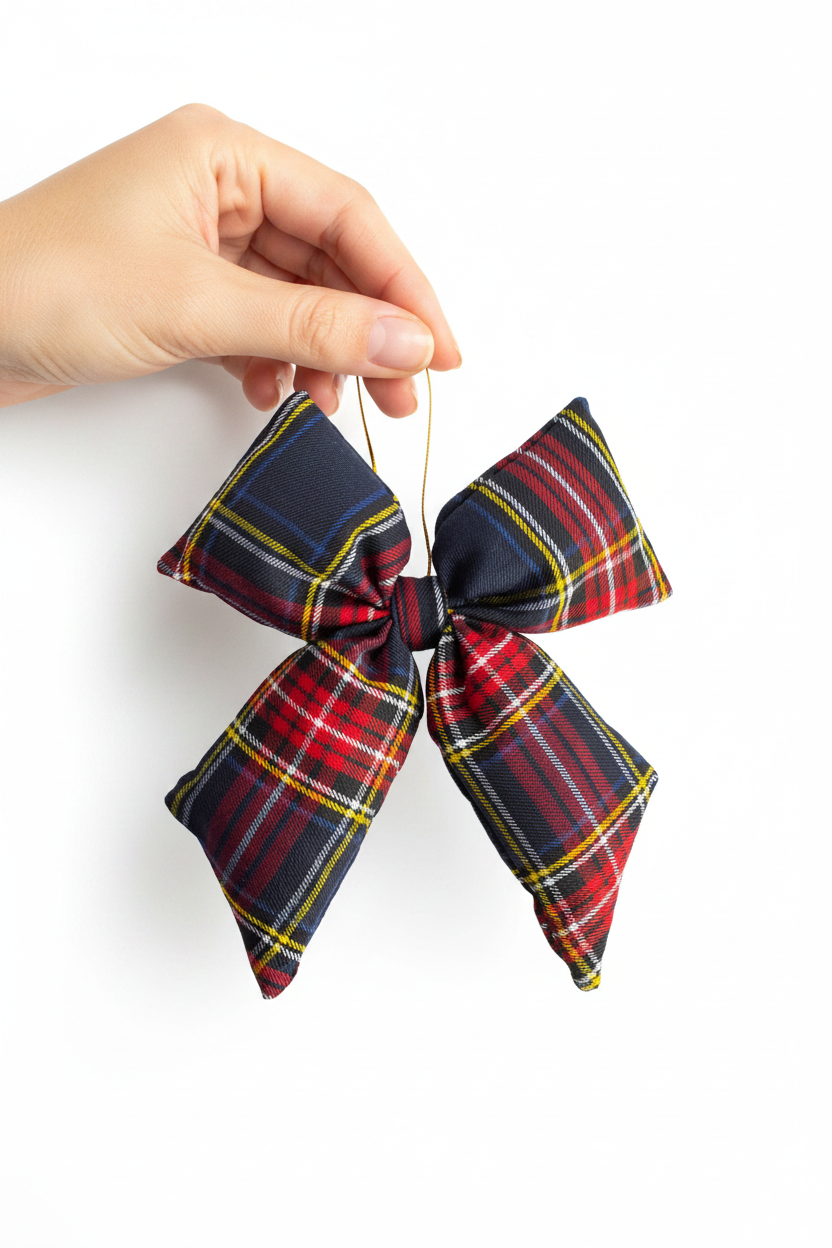 Campbell Bow Ornament | Plaid, fabric ornament with a red, navy, yellow, and white bow pattern.