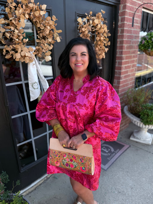 Christi Hot Pink Floral Jacquard Dress