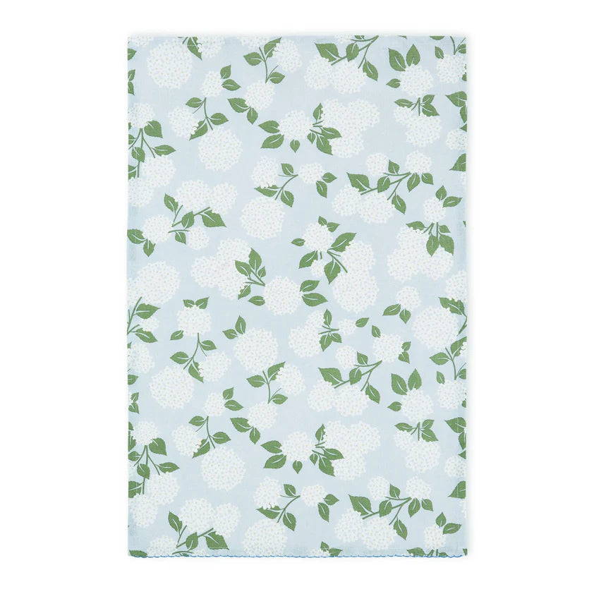 Set of 2 light blue rectangular dishtowels with white hydrangea and green leaf pattern. Size: 18" x 28" each.