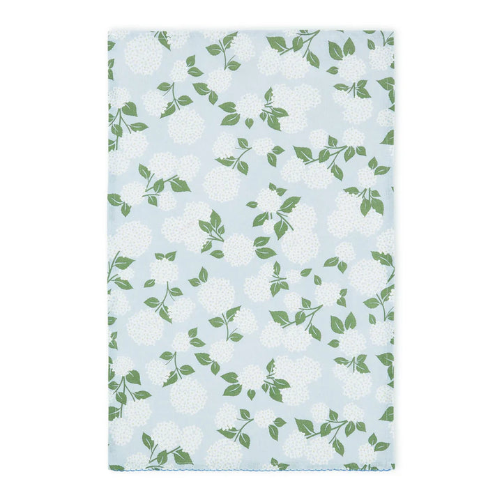 Set of 2 light blue rectangular dishtowels with white hydrangea and green leaf pattern. Size: 18" x 28" each.