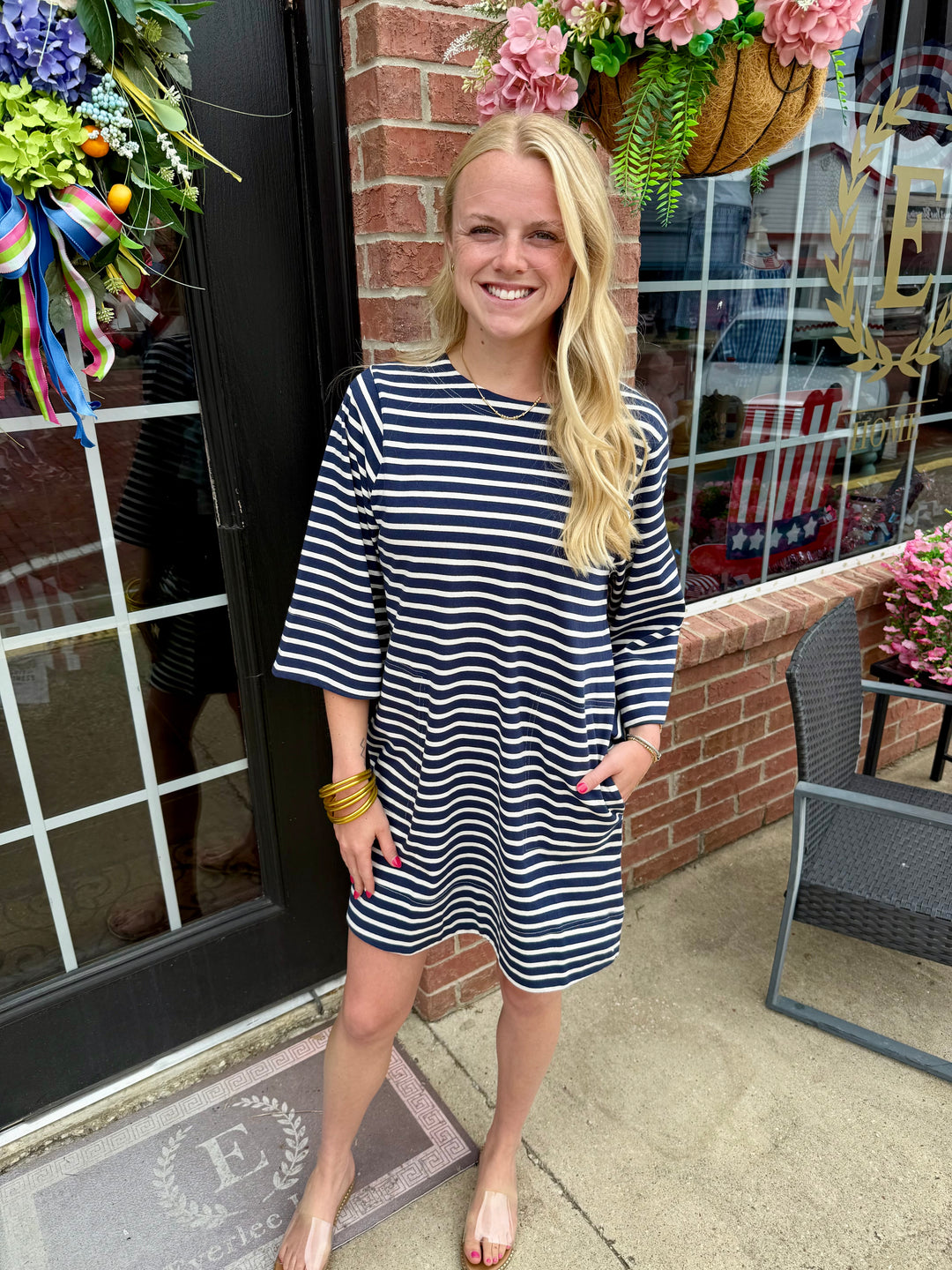 Striped Round Neck Half-Sleeve Dress in navy and white. Available in sizes XS–XL.