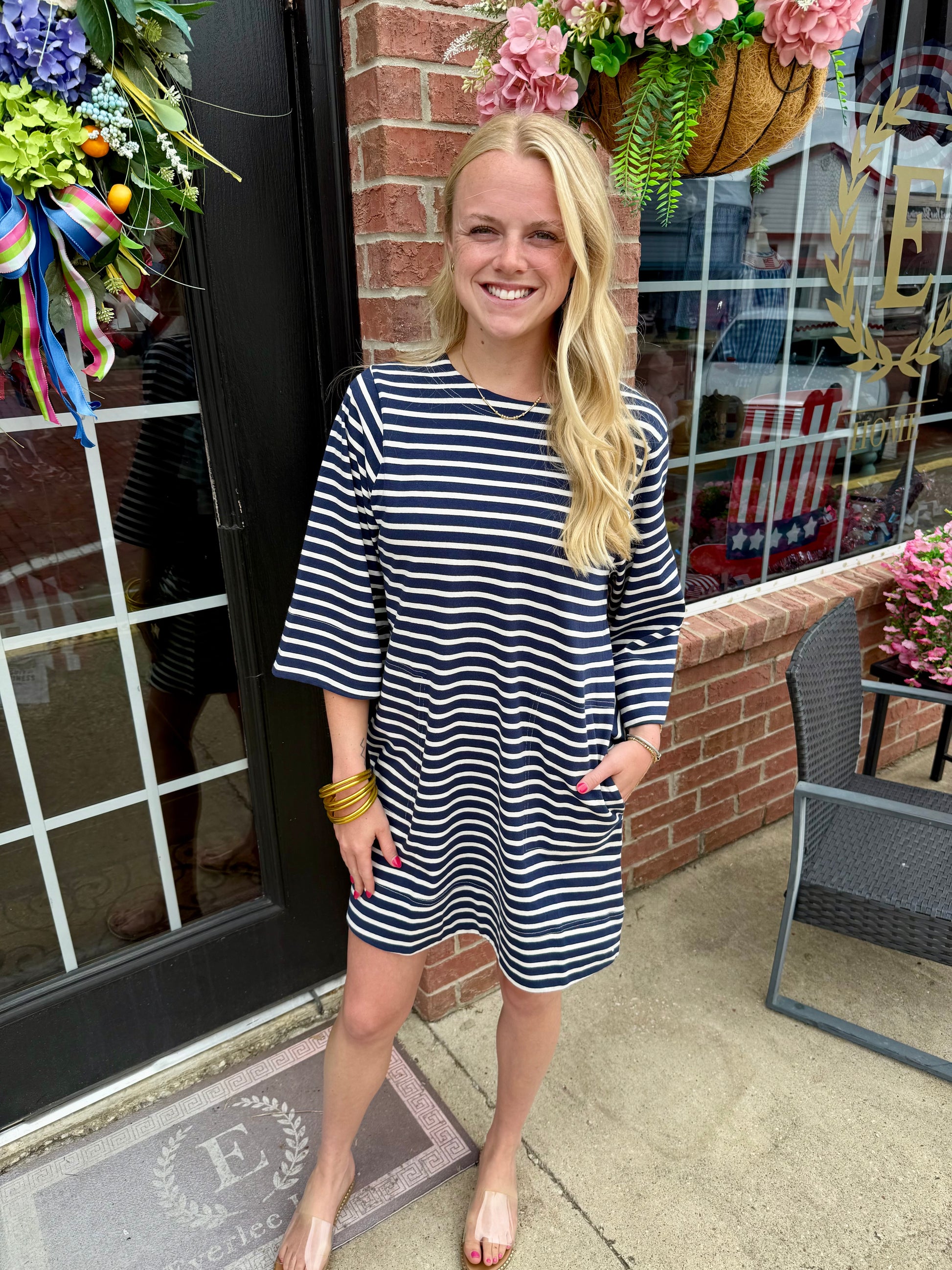 Striped Round Neck Half-Sleeve Dress in navy and white. Available in sizes XS–XL.