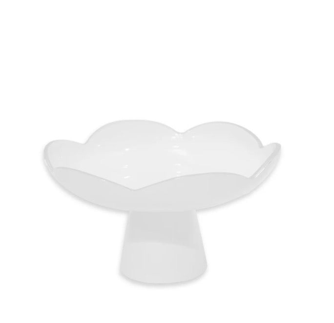 White ceramic pedestal with a scalloped, flower-inspired rim and short, wide base; available in small size.