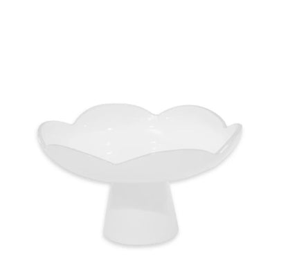 White ceramic pedestal with a scalloped, flower-inspired rim and short, wide base; available in small size.
