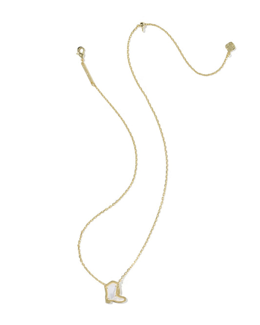 Drill Team Boot Necklace by Kendra Scott: gold necklace with thin chain and white inlay cowboy boot pendant. Available in one size.