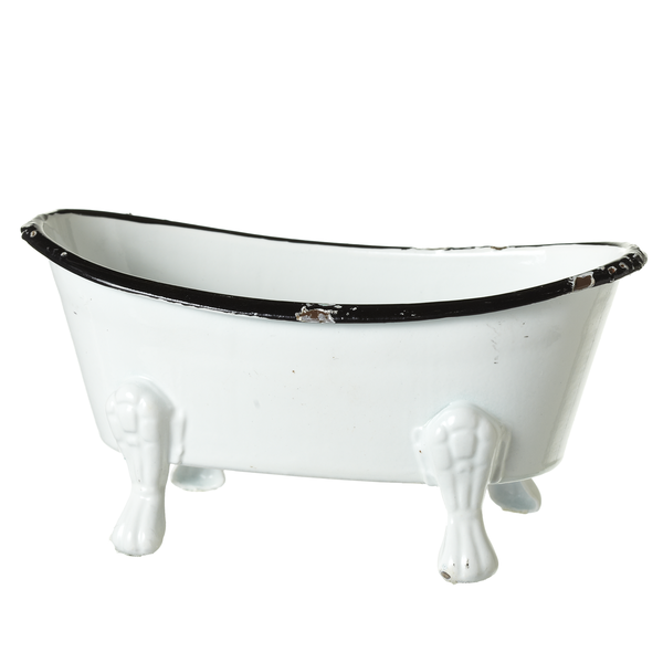 Black & White Enamel Mini Bathtub with vintage-inspired design, black trim, and claw feet. Available in small sizes.
