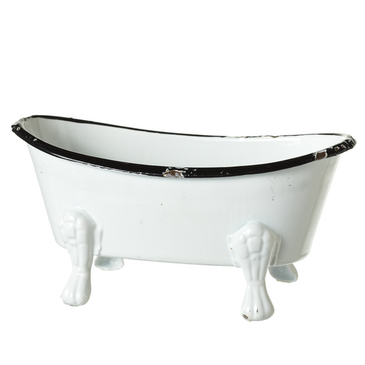 Black & White Enamel Mini Bathtub with vintage-inspired design, black trim, and claw feet. Available in small sizes.