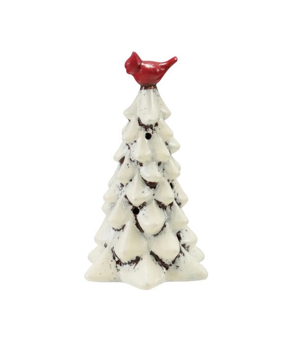 Small hand-painted tree figurine with cardinal and LED lights.