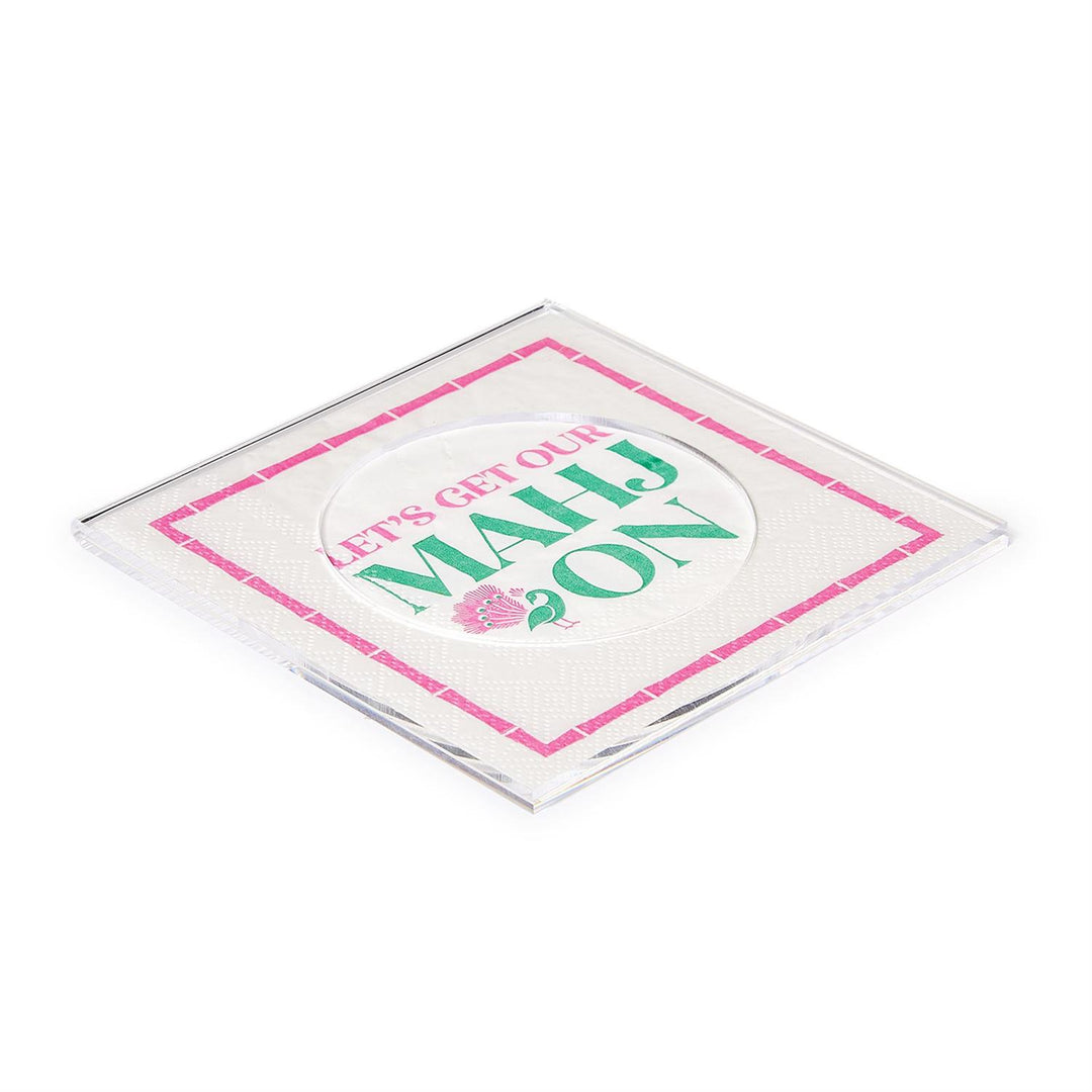 Square clear customizable acrylic coasters with a printed “Let’s get our Mahj on” insert in green and pink lettering.