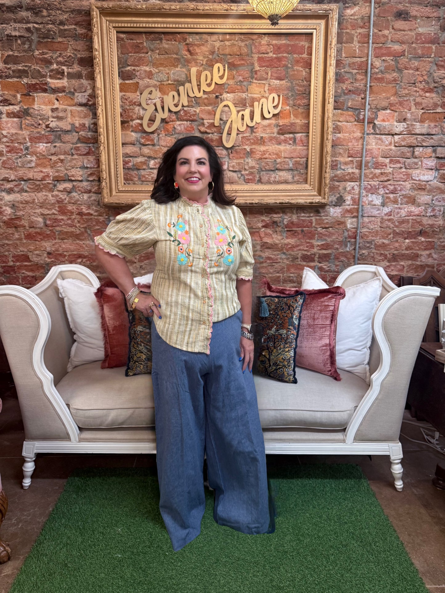 Blue Wide Leg Stripe Pant, available in sizes XS–XL.