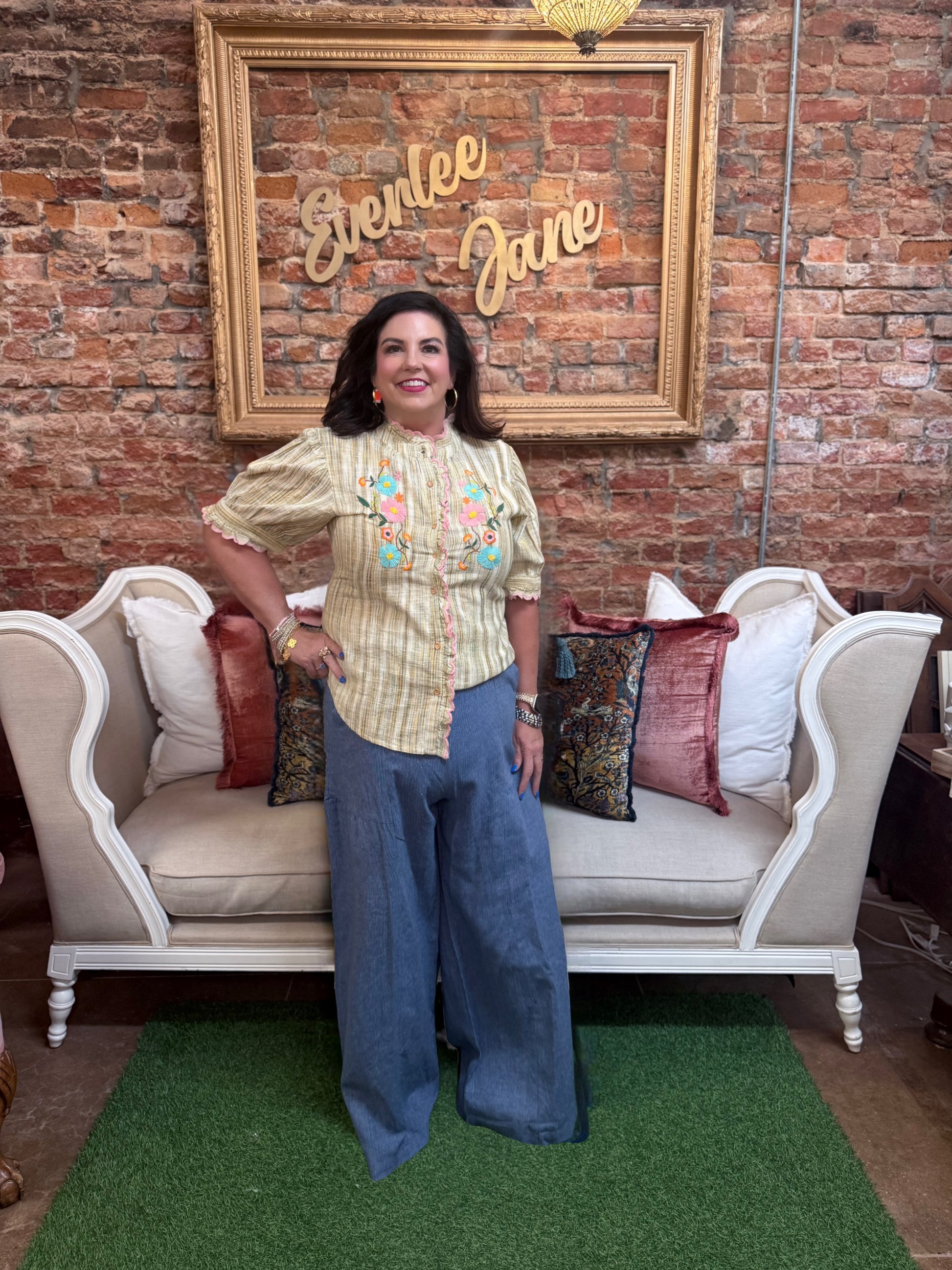Blue Wide Leg Stripe Pant, available in sizes XS–XL.