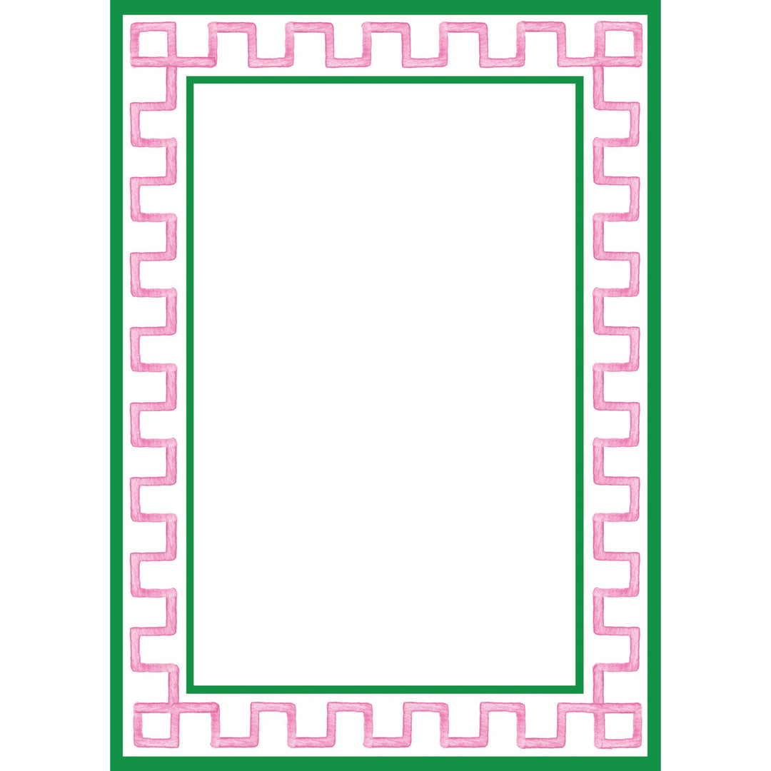 5"x7" notepad with a pink Greek key border, green outline, and blank white center. Only available in 5"x7".