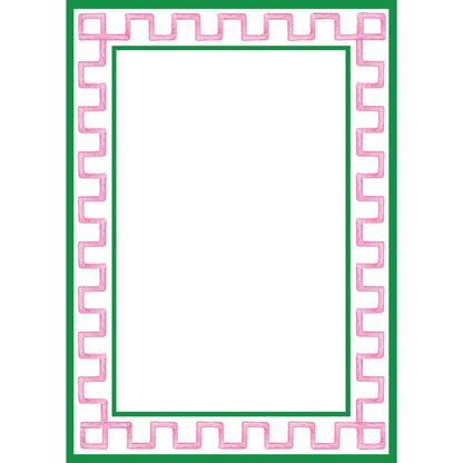 5"x7" notepad with a pink Greek key border, green outline, and blank white center. Only available in 5"x7".