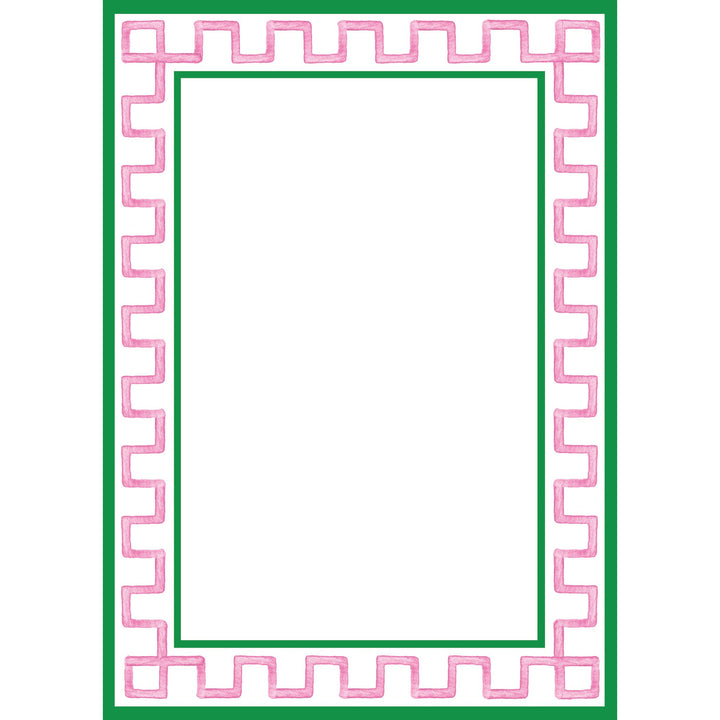5"x7" notepad with a pink Greek key border, green outline, and blank white center. Only available in 5"x7".