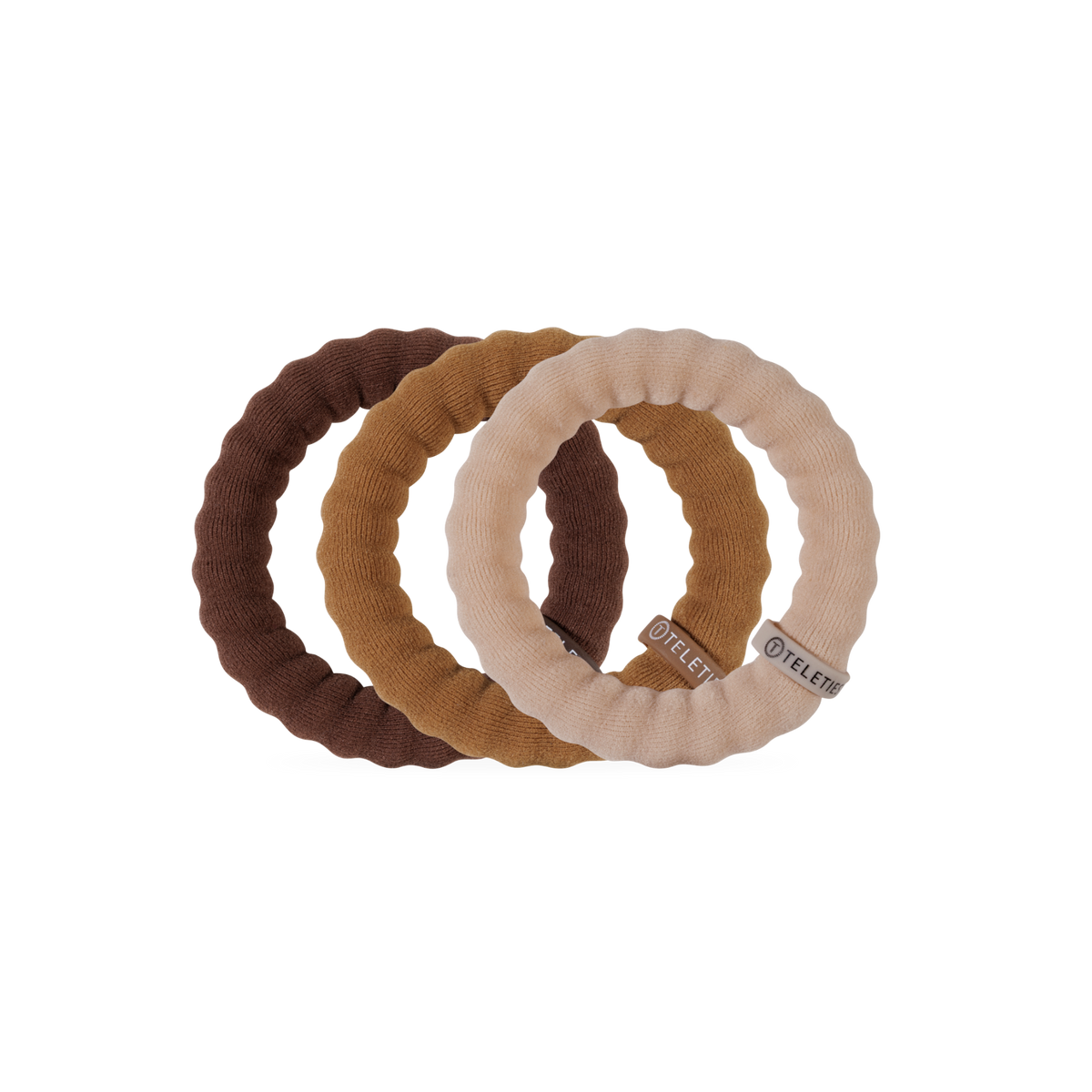 Three ribbed Espresso Yourself Large Nylon Hair Ties in brown, tan, and beige with small fabric tags; available in large size.