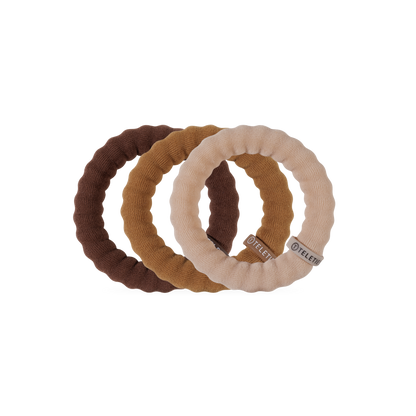 Three ribbed Espresso Yourself Large Nylon Hair Ties in brown, tan, and beige with small fabric tags; available in large size.