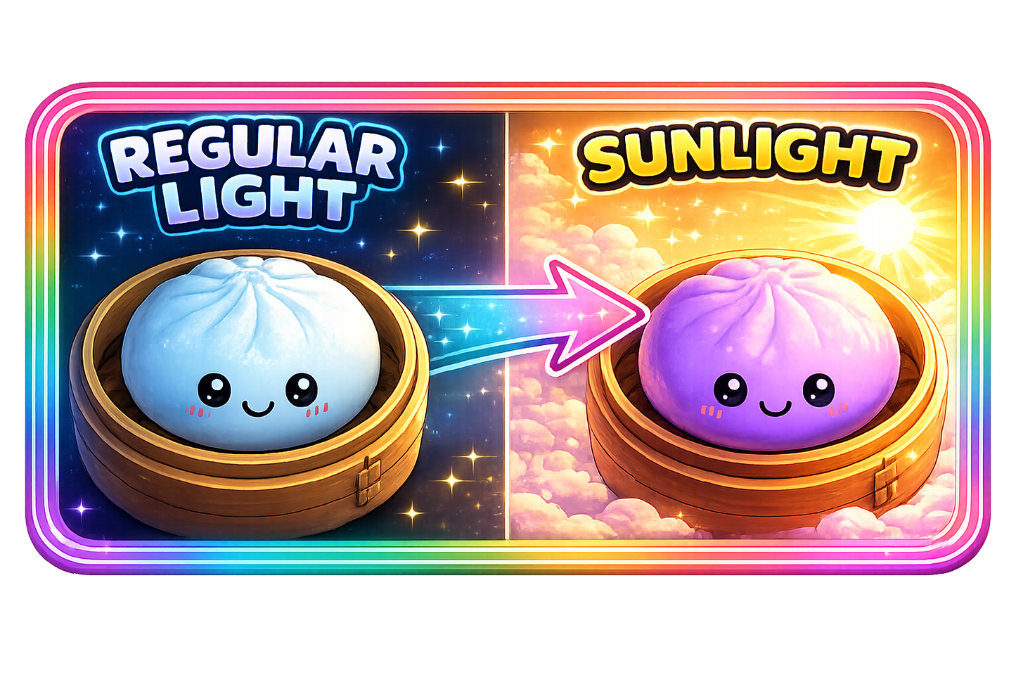 Two Fun Doh Color Changing Dumpling Squishy Toy buns in baskets—one blue in regular light, turning purple in sunlight. An arrow shows the color change from blue to purple. Available sizes: small and medium.