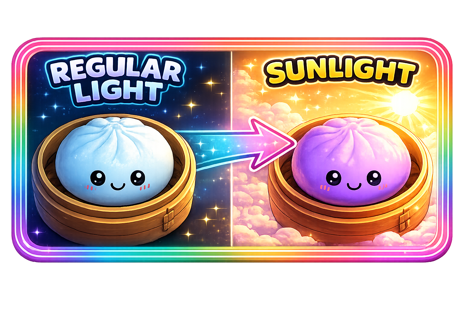 Two Fun Doh Color Changing Dumpling Squishy Toy buns in baskets—one blue in regular light, turning purple in sunlight. An arrow shows the color change from blue to purple. Available sizes: small and medium.