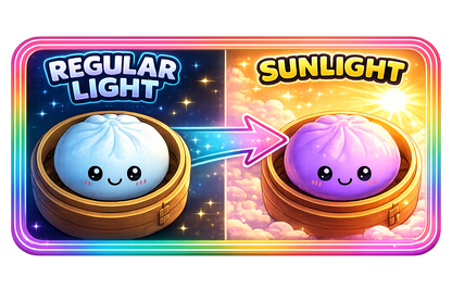 Two Fun Doh Color Changing Dumpling Squishy Toy buns in baskets—one blue in regular light, turning purple in sunlight. An arrow shows the color change from blue to purple. Available sizes: small and medium.
