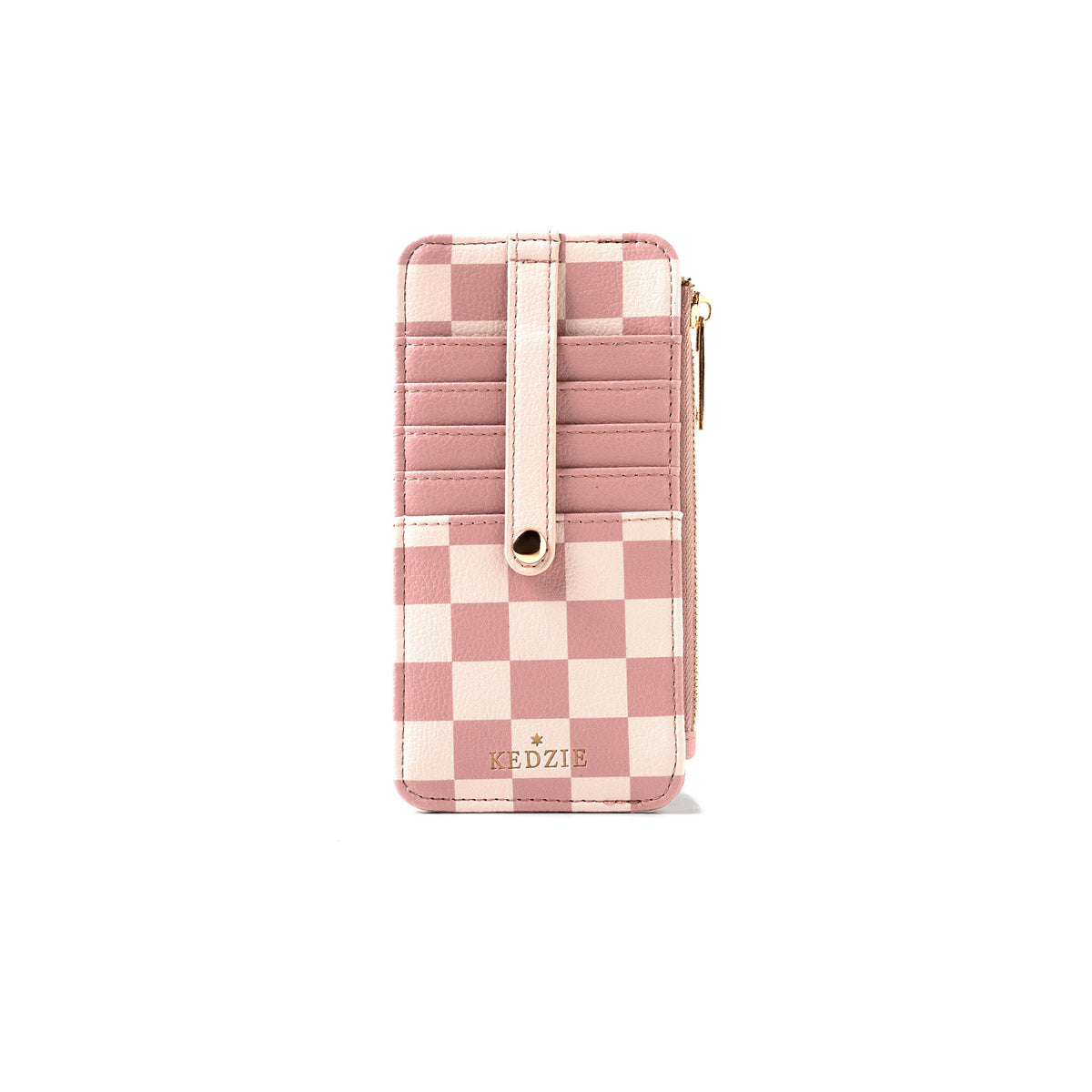 Kedzie Essentials Only Zippered Wallet in Amalfi design, pink and cream checkered vegan leather, features multiple card slots, strap, zippered pocket, and gold “KEDZIE” branding. Available in one size.