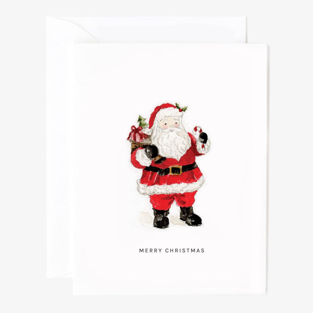 Watercolor Santa greeting card featuring Santa with a sack of gifts and a candy cane, printed with “MERRY CHRISTMAS.” Available in various sizes.
