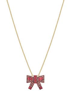 Gold chain necklace with a bow pendant, ruby crystal accents; available in 16", 18", and 20" lengths.