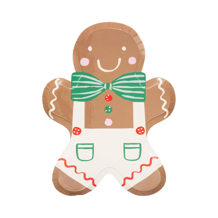 Gingerbread Man Plate with green striped bow tie and white overalls with red buttons. Available in various sizes.