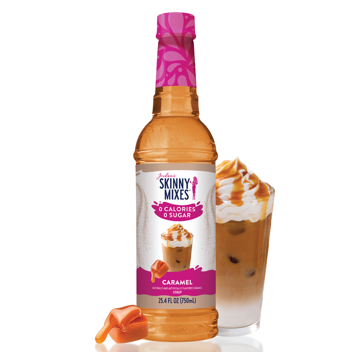 Sugar Free Caramel Syrup bottle, zero sugar, keto-friendly; available in 375ml and 750ml sizes.