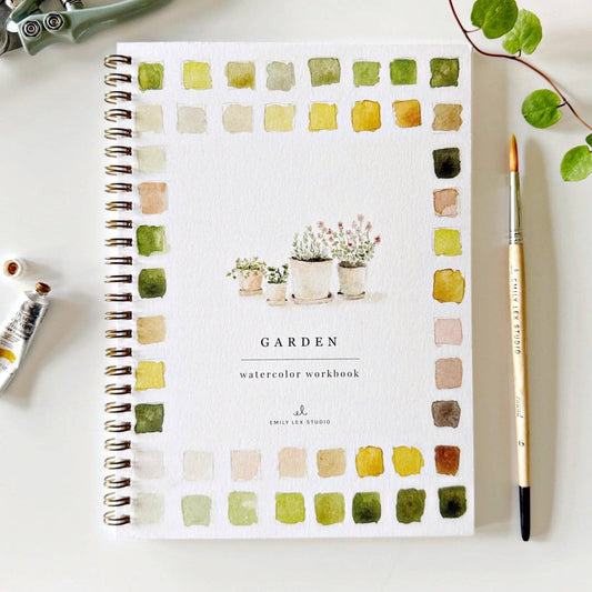 Spiral-bound Garden Watercolor Workbook with painted plant pots and garden scenes; available in standard notebook size.