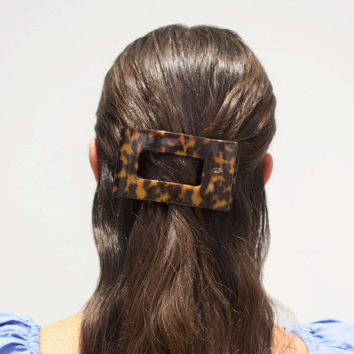 TELETIES Flat Rectangle Hair Clip in tortoiseshell, available in small and large sizes.