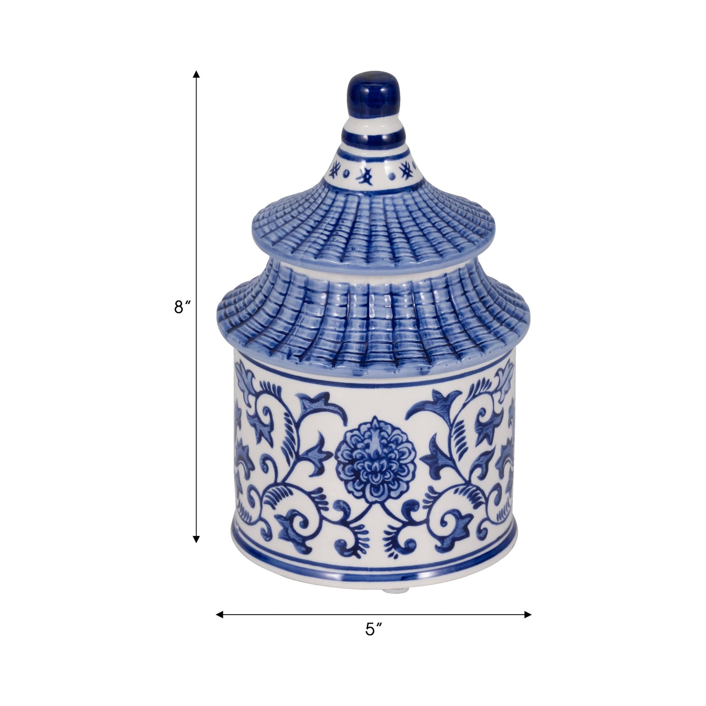 Blue Ceramic Plumeria Pagoda Candle, 9 oz; blue/white floral jar, 8"H x 5"W; reusable for décor or storage.