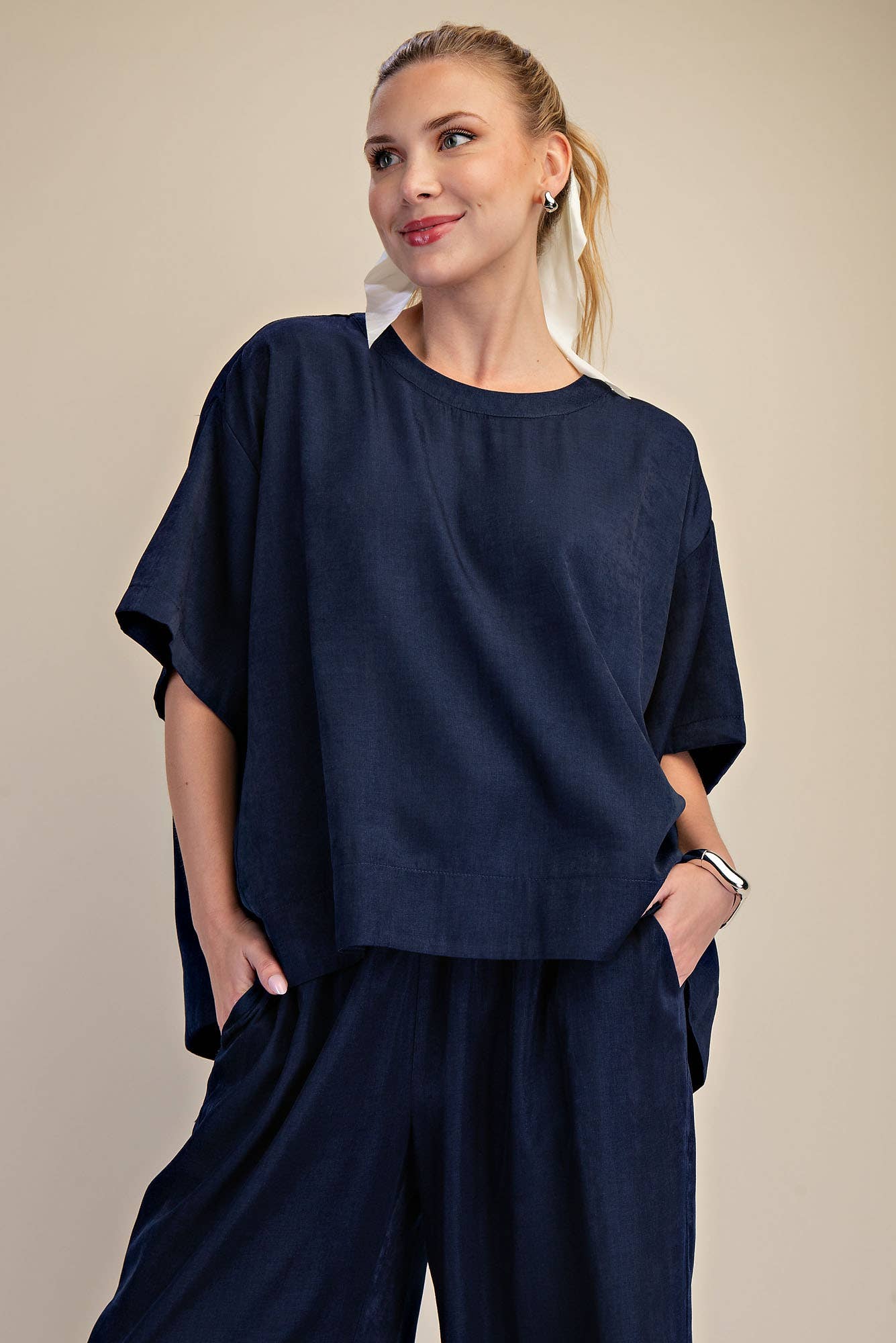 Navy Round Neck Band Oversize Shirt, loose fit. Available in sizes XS–XL.