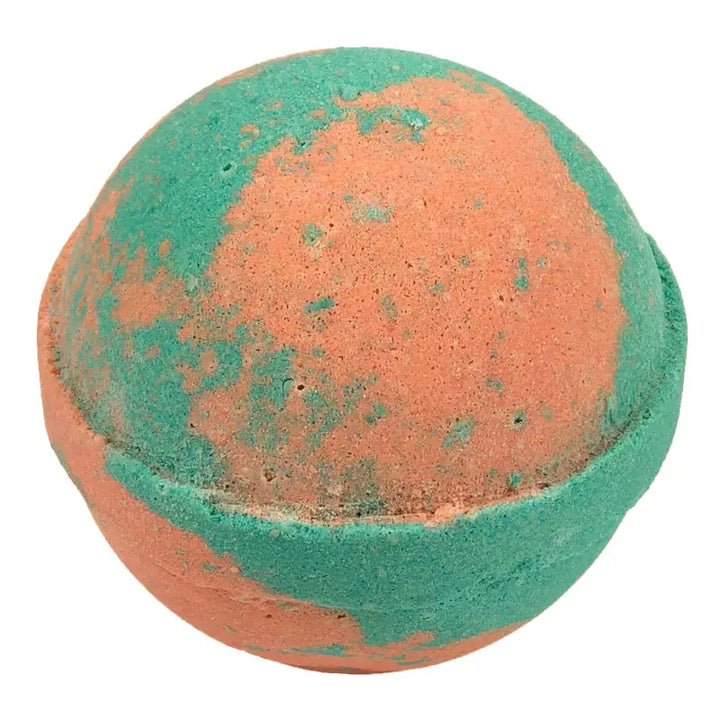 Round orange and green bath bomb, textured surface, infused with essential oils. Available in small, medium, and large sizes.