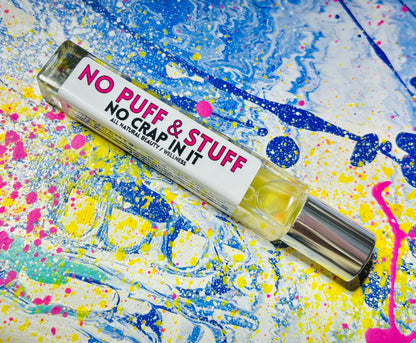 The No Puff and Stuff bottle, 10ml size, labeled "NO PUFF & STUFF NO CRAP IN IT," targets eye puffiness and fine wrinkles.