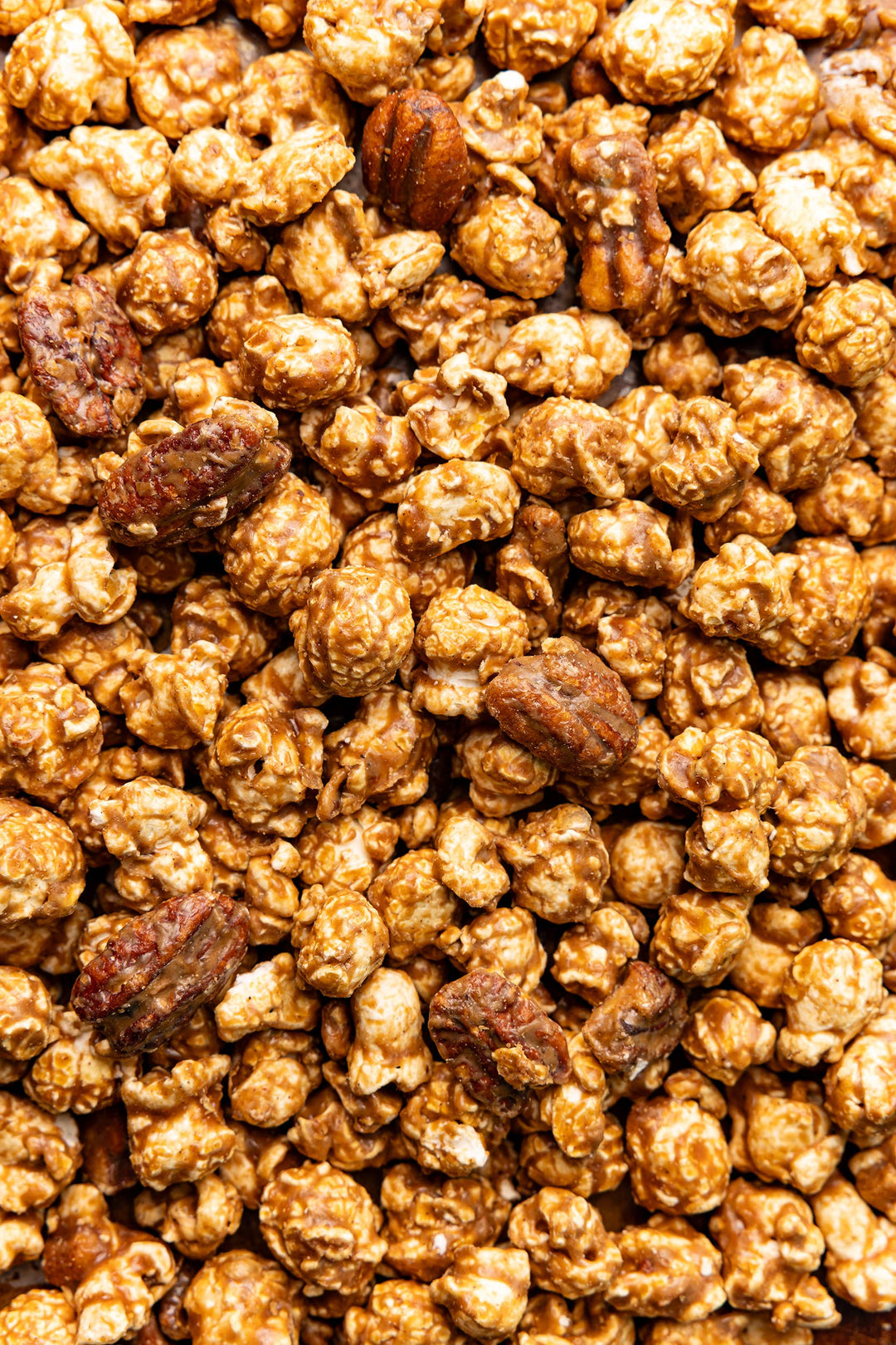 Cinnamon Bourbon Pecan Popcorn with caramel coating and bourbon pecans, golden brown, glossy. Available in small, medium, large.