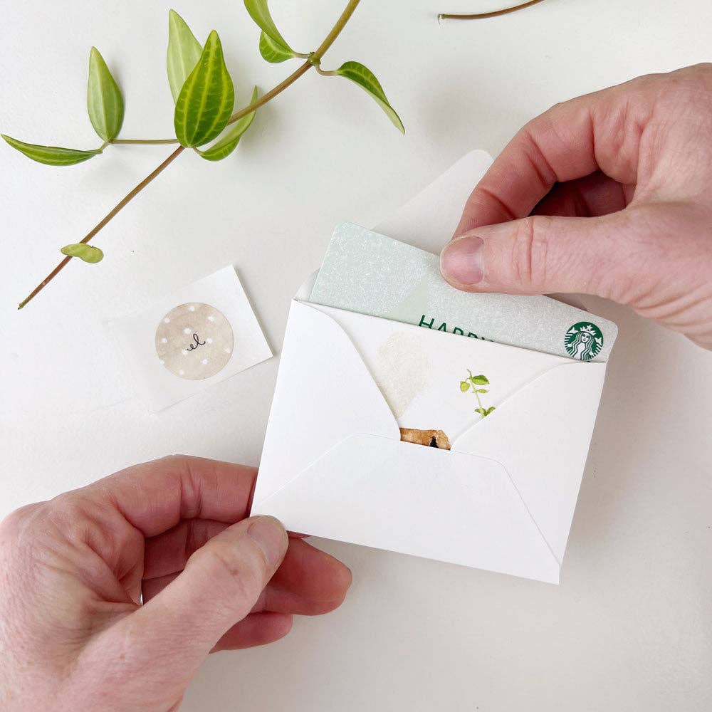 Pink Cake Mini Notecard, available in 3x3 and 4x4 inch sizes, placed with a Starbucks gift card into a white envelope.
