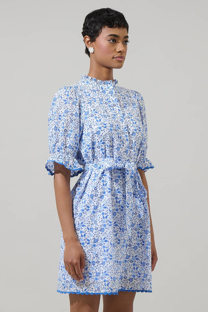 Maisie Floral Miana Button Up Dress: light blue/white, short puff sleeves, ruffled high neck, belted waist. Sizes XS-XL.