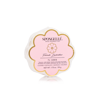 French Lavender Daisy Spongette: round, flower-shaped bath sponge in pink/white "7+ Uses" packaging. Size: standard.