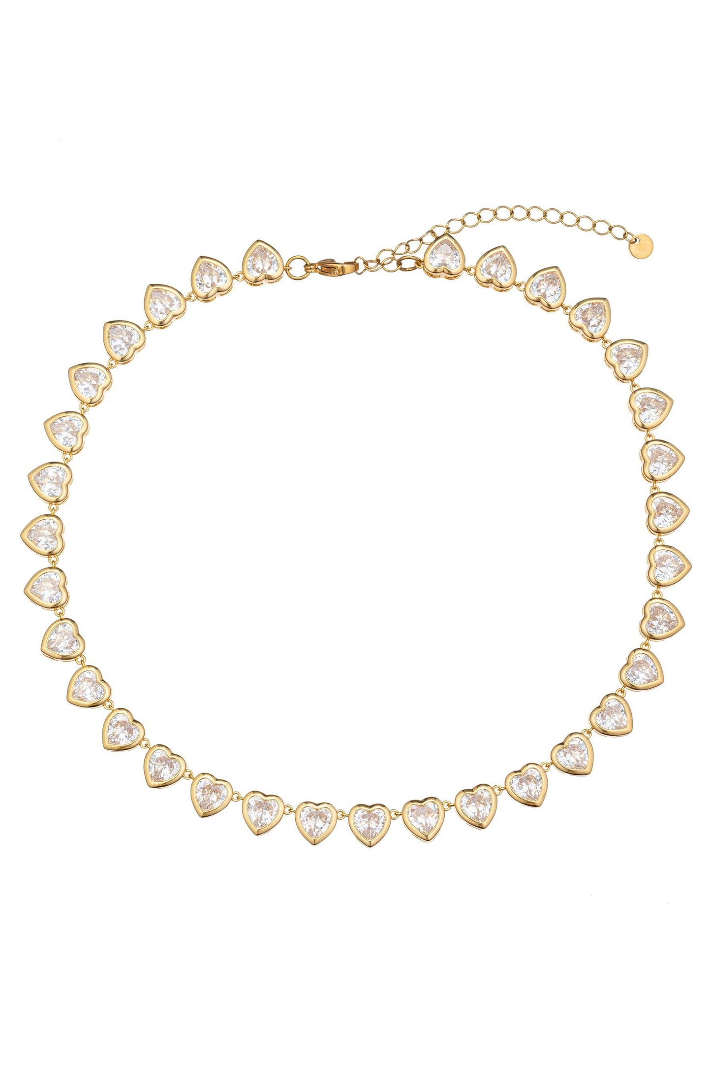 Gold heart-link necklace with clear cubic zirconia, adjustable clasp, extension chain; available in 16" and 18" sizes.
