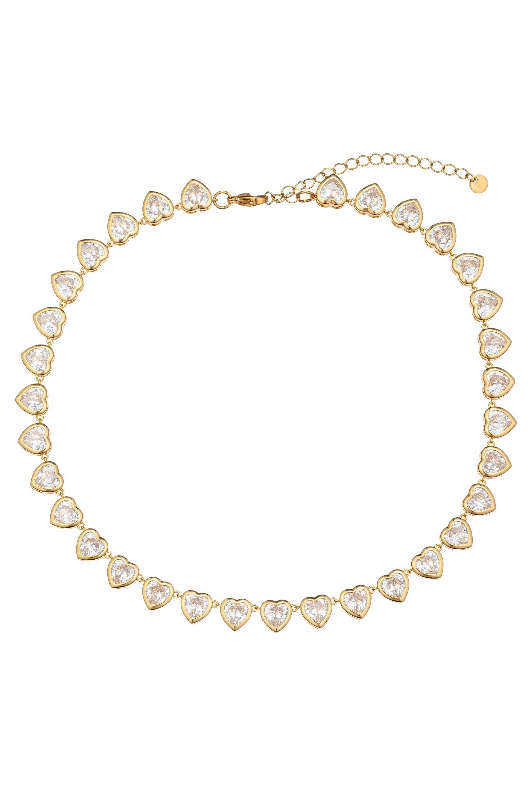 Gold heart-link necklace with clear cubic zirconia, adjustable clasp, extension chain; available in 16" and 18" sizes.