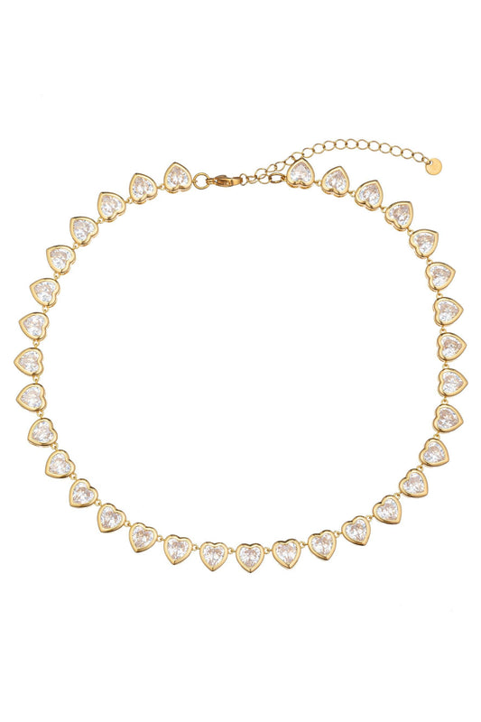 Gold heart-link necklace with clear cubic zirconia, adjustable clasp, extension chain; available in 16" and 18" sizes.