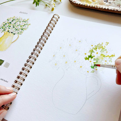 Flowers Watercolor Workbook spiral sketchbook with daisies tutorial; available in multiple sizes.