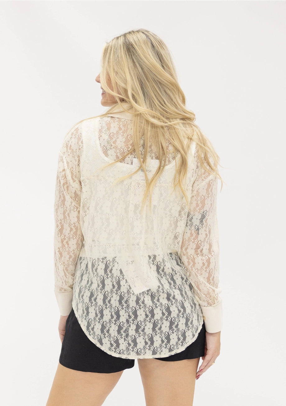 Kathryn Classic Lace Button-Up with button front, lace detailing. Available in sizes XS–XL.