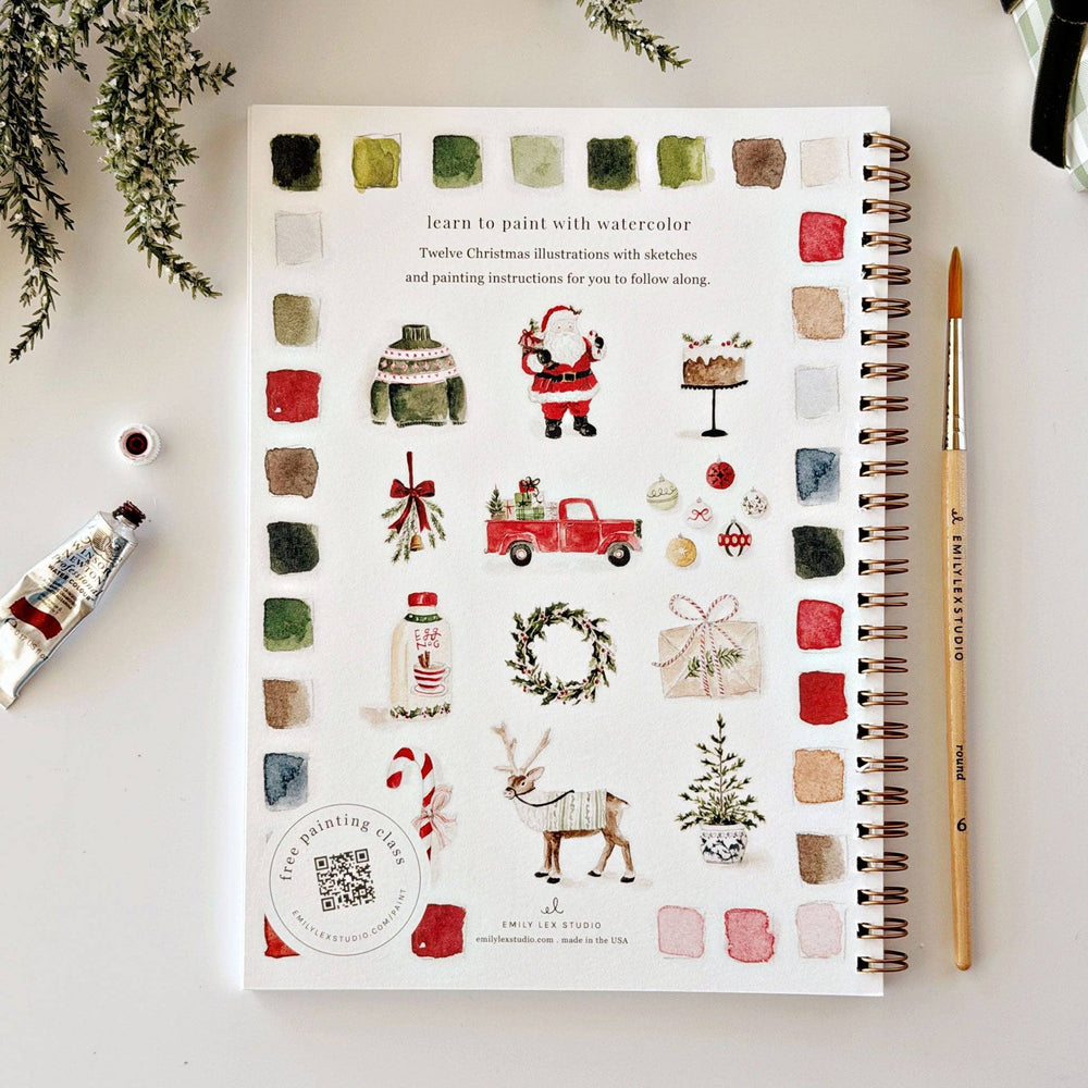 Classic Christmas watercolor workbook with Santa, red truck, wreath, and reindeer illustrations, framed by color swatches.