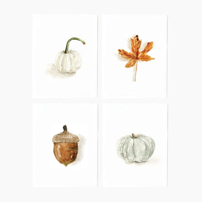 Autumn assorted notecard set with four watercolor designs: white pumpkin, orange maple leaf, acorn, and pale blue-green pumpkin. Available in standard 4.25″ x 5.5″ size.
