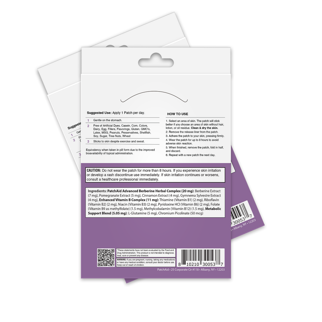 Two overlapping packages of the Berberine Patch – GLP-1 Support &amp; Appetite Control: One Patch, with a purple and white design. Each package displays small text for usage instructions, ingredients, warnings, and a barcode. A curved graphic suggests patch placement above the eyebrows. Promoted as a plant-based supplement for metabolism support. Sizes available are One Patch per package.
