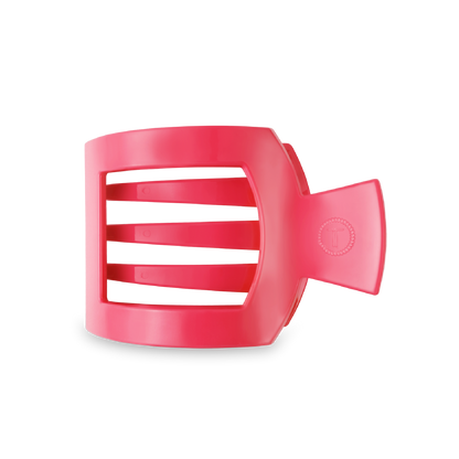 The TELETIES Square Flat Hair Clip is pink and rectangular, featuring four wide horizontal gaps. It has a strong-grip flat clip-like handle on the right for secure handling. Available in one size.
