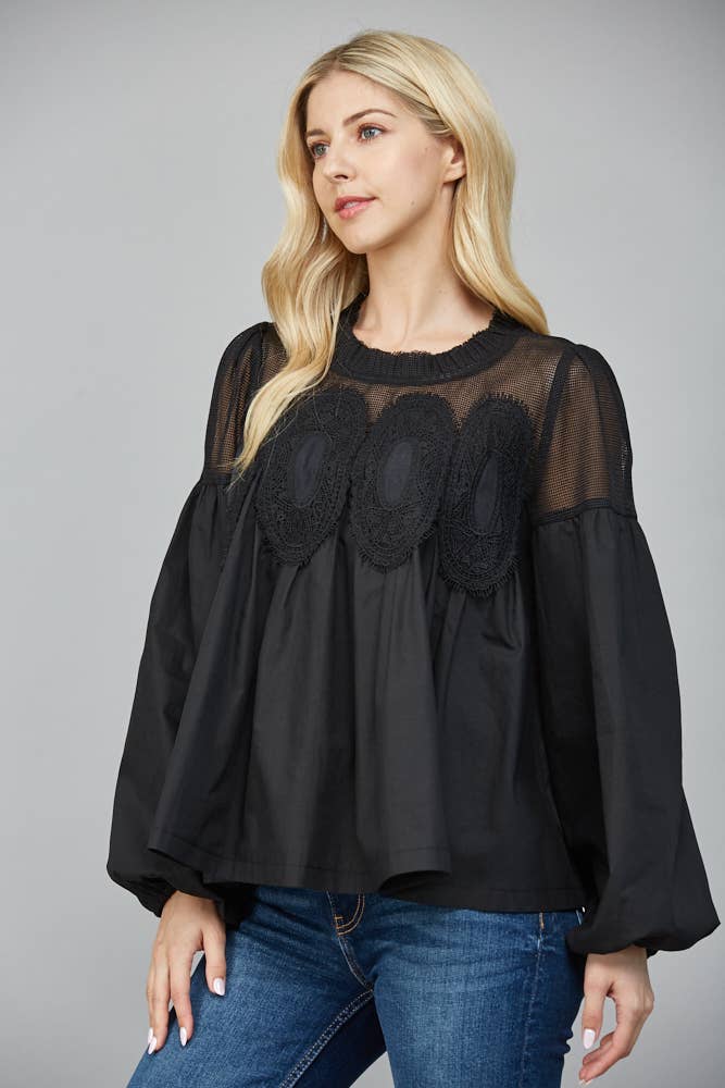 Lace Appliqué Detail Mixed Media Long Sleeve Blouse
