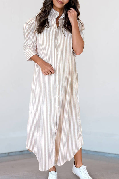 Stripe Frilled Collar Half Sleeve Shirt Maxi Dress with khaki stripes and rolled sleeves. Available in sizes S, M, L, XL.